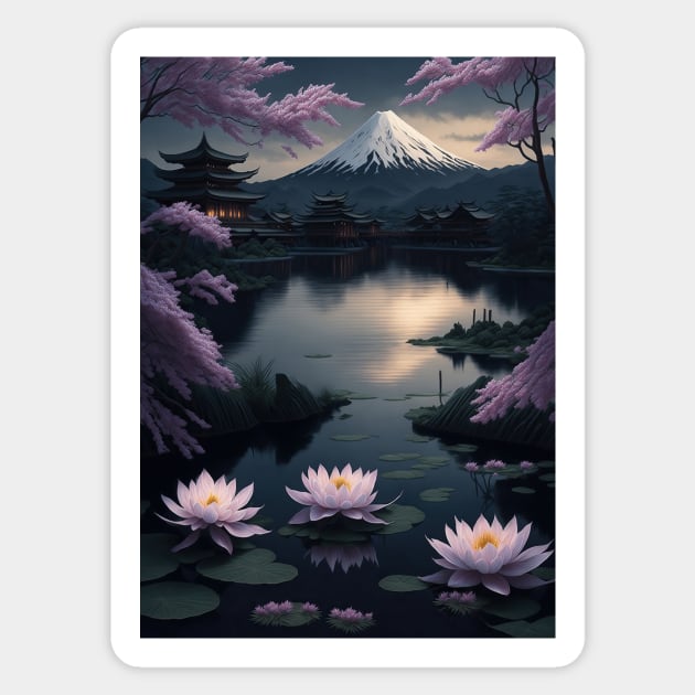 Serene Mount Fuji Sunset - Peaceful River Scenery - Lotus Flowers Sticker by star trek fanart and more